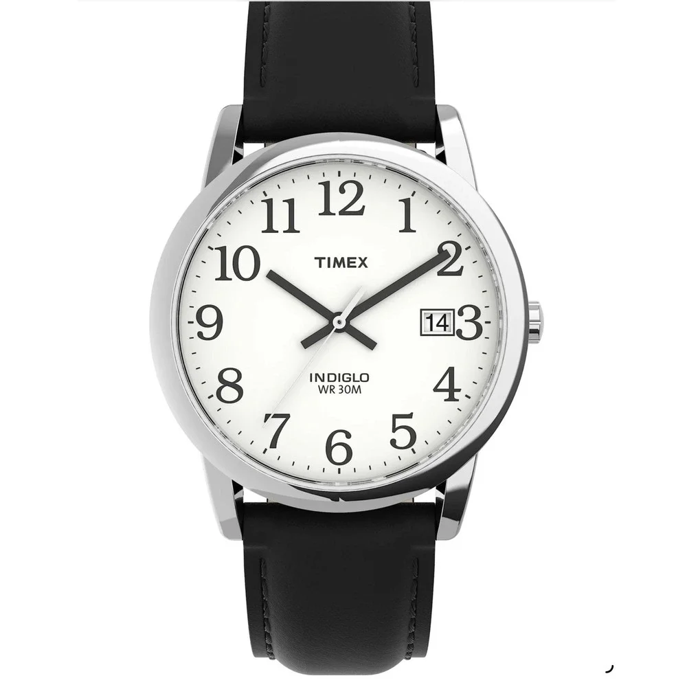Timex Easy Reader Watch 35mm Silver White Black Leather Indiglo T2H281 9J